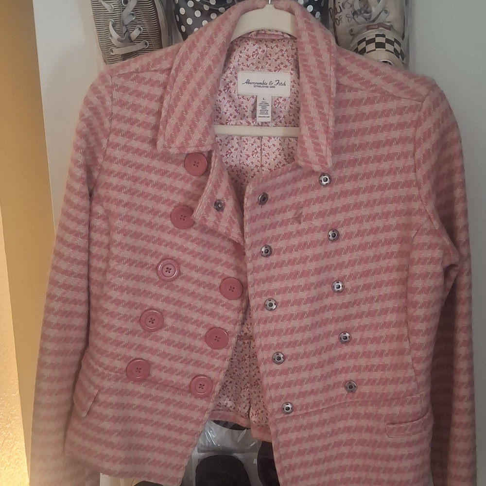 Abercrombie & Fitch Pink Houndstooth Wool Blend Jacket